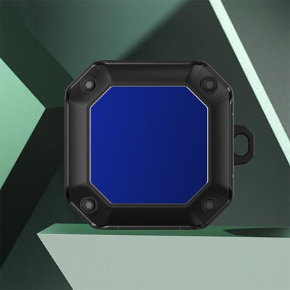 Mecha earphone protective case with hook, blue octagonal hard shell with side tab