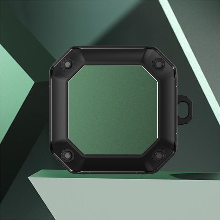 Black earphone protective case with hook, octagonal front with dark green panel