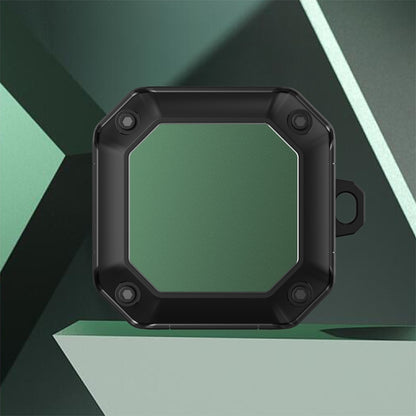 Black earphone protective case with hook, octagonal front with dark green panel