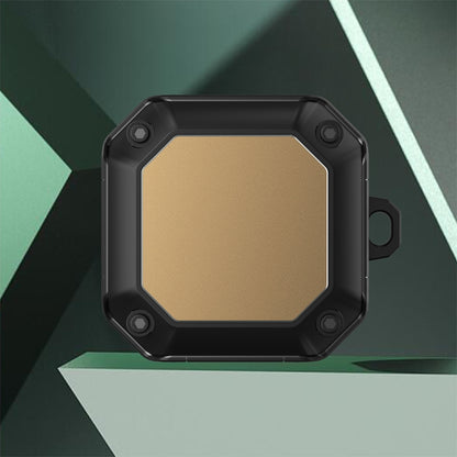 Black earphone protective case with hook, tan/gold front panel in octagonal shell