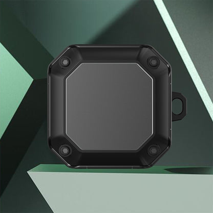 Black earphone protective case with hook, dark front panel with rugged edges