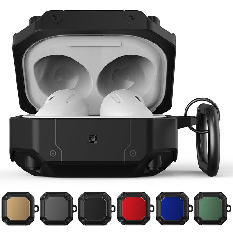 Black earphone protective case with hook, open with white earbuds; color options row below