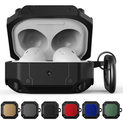 Black earphone protective case with hook, open with white earbuds; color options row below