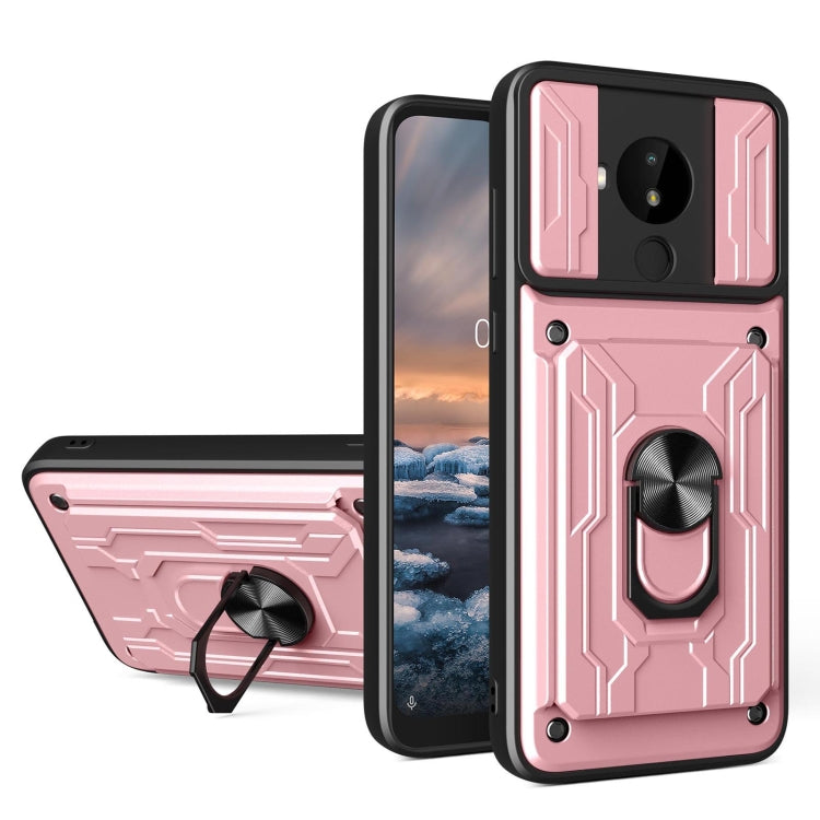 Pink sliding card phone case with armored back and ring stand