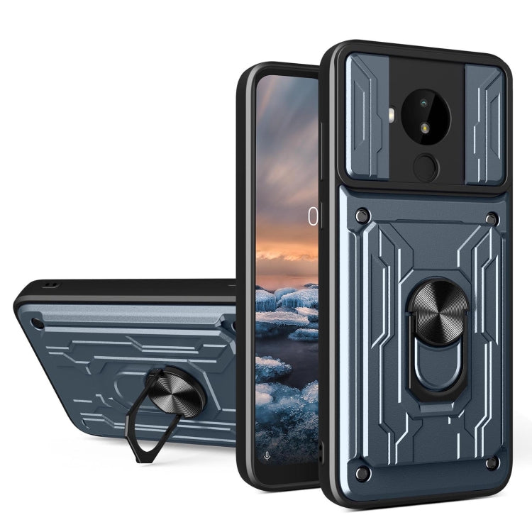 Blue sliding camshield card case with camera shield and ring holder