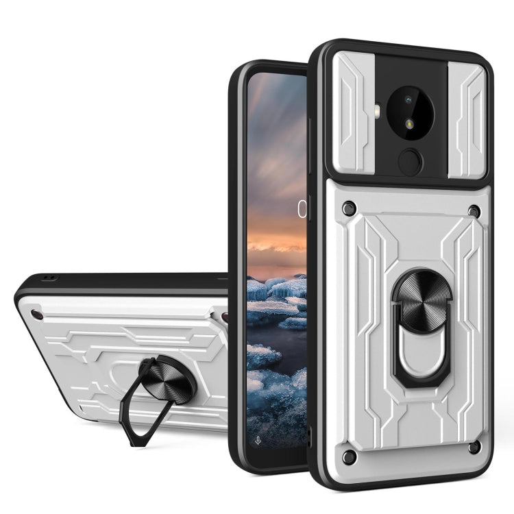 Pearl white sliding camshield card case with camera shield and ring holder