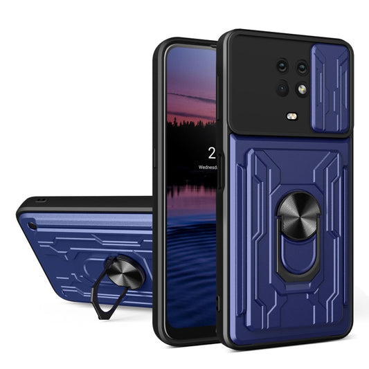 Blue sliding card phone case with armored pattern and ring stand