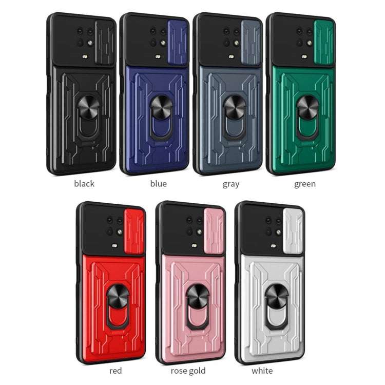 Assorted color sliding card phone cases with armored design and ring stands