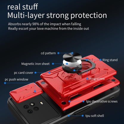Red multi-layer phone case with ring stand and sliding card cover components