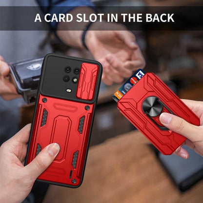 Red back card slot phone case with ring stand and sliding cover