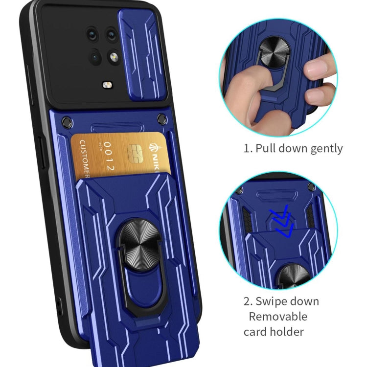 Blue sliding card phone case with removable card holder and ring stand