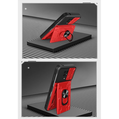 Red sliding card phone case with ring stand on protective raised armor