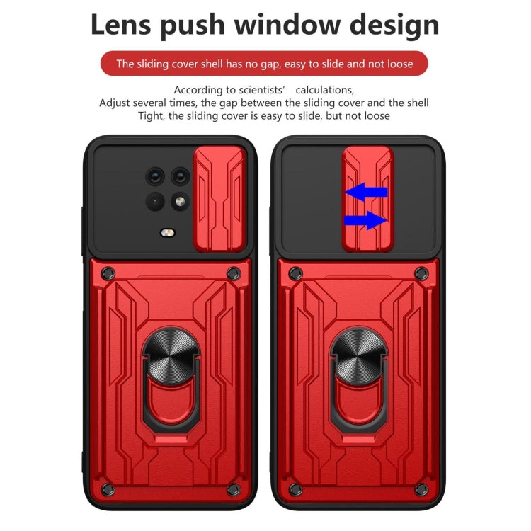 Red and black sliding cover card phone case with push-lens window design