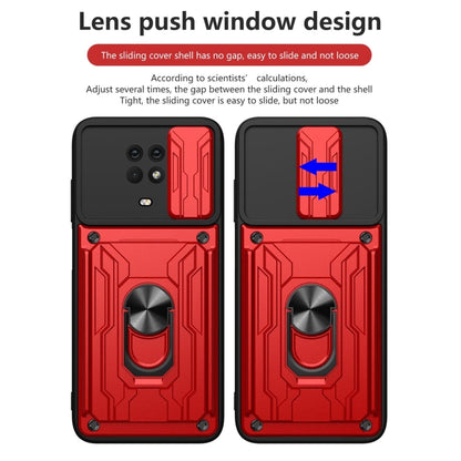 Red and black sliding cover card phone case with push-lens window design