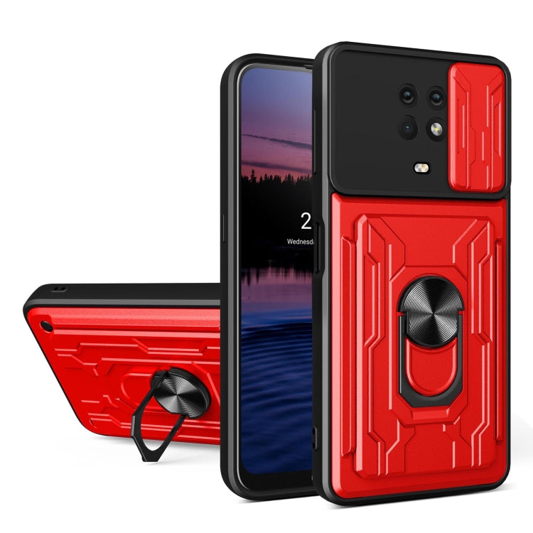 Red sliding card phone case with armored back and ring stand