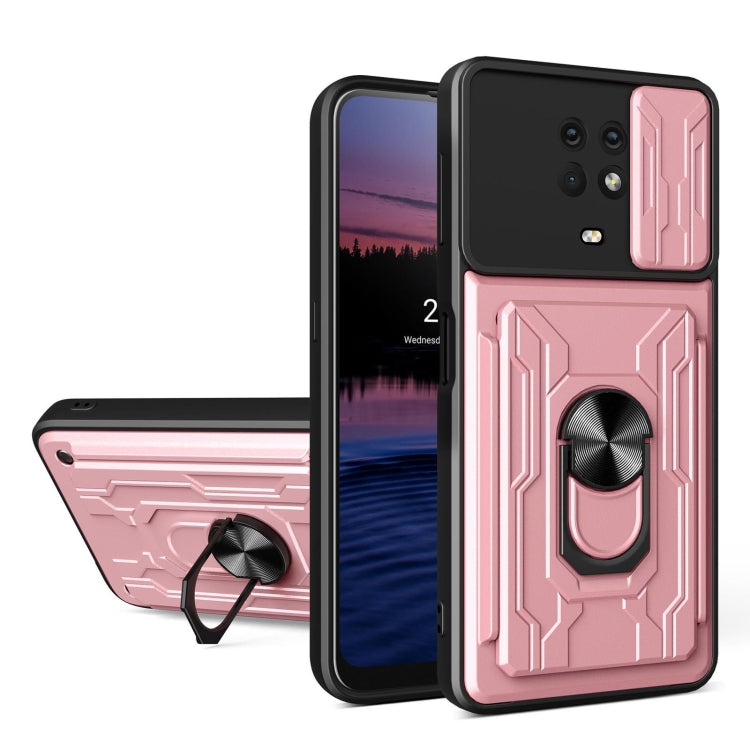 Rose pink sliding card phone case with armored back and ring stand