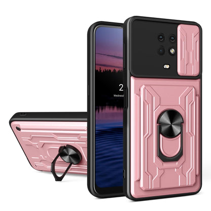 Rose pink sliding card phone case with armored back and ring stand