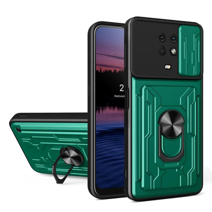 Green sliding camshield card case with camera shield and ring holder