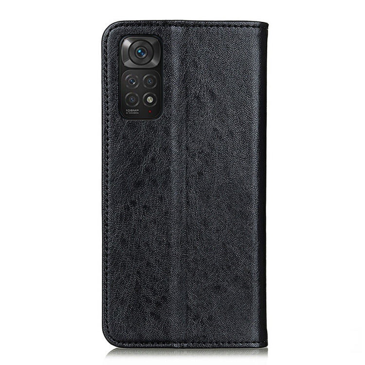 Magnetic textured leather phone case, black, back with camera cutouts and stitching