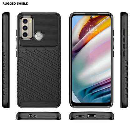 Black rugged TPU phone case with front and back views, textured surface, and side buttons