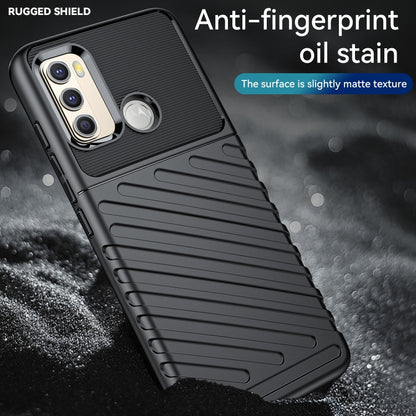 Black rugged TPU phone case with matte-textured finish, camera cutout, and side grip