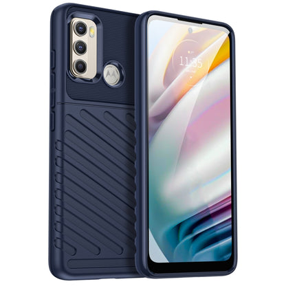 Blue rugged TPU phone case with textured grip, raised camera edges, and port cutouts