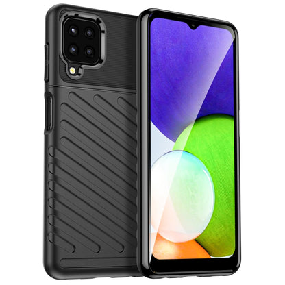 Dark gray rugged TPU phone case with textured back and camera cutouts, front screen visible