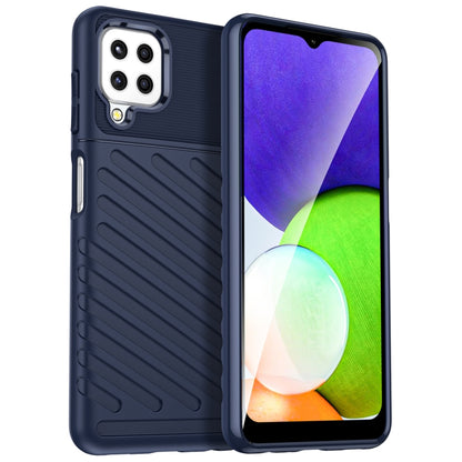 Blue rugged TPU phone case with textured back, camera cutouts, and protective front lip
