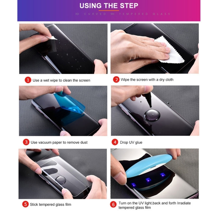 Curved tempered glass screen protector setup steps with UV glue curing