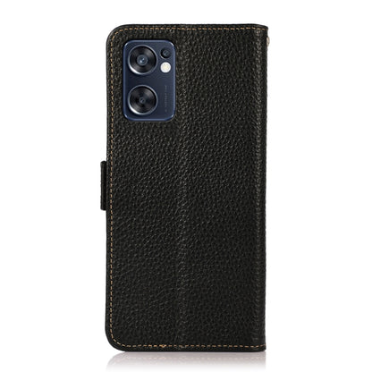 Black genuine leather phone case with litchi texture and camera cutout, side magnetic closure