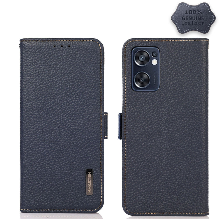 Genuine leather phone case with litchi texture, side magnetic closure, stitched edges (blue/black)