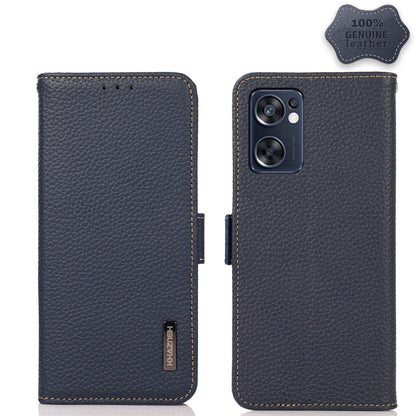 Genuine leather phone case with litchi texture, side magnetic closure, stitched edges (blue/black)