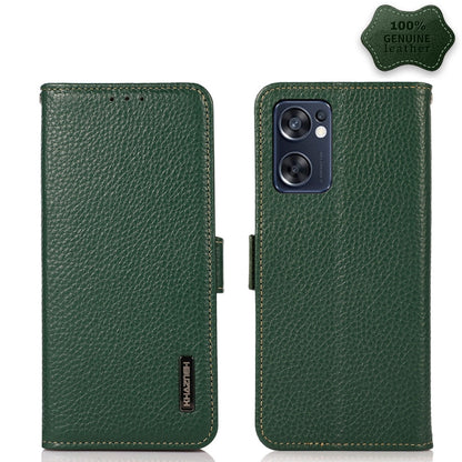 Genuine leather RFID phone case with side magnetic flap, green litchi texture; rear camera
