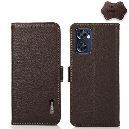 Genuine leather RFID phone case with side magnetic flap, brown litchi texture; front pocket view