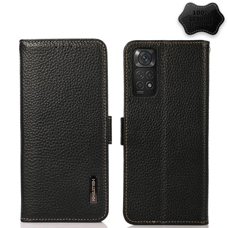 Black genuine leather phone case set, litchi texture, side magnetic closure, camera cutout