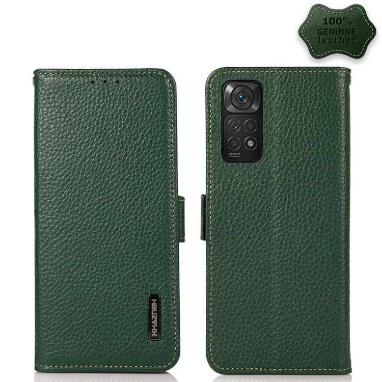 Genuine leather RFID phone case with side magnetic flap, green litchi texture; phone back view