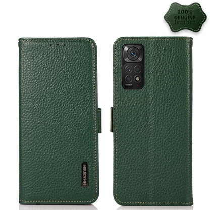 Genuine leather RFID phone case with side magnetic flap, green litchi texture; phone back view