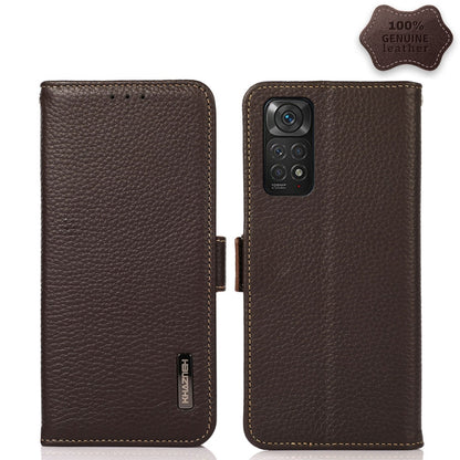 Genuine leather RFID phone case with side magnetic flap, brown litchi texture; rear camera cutout