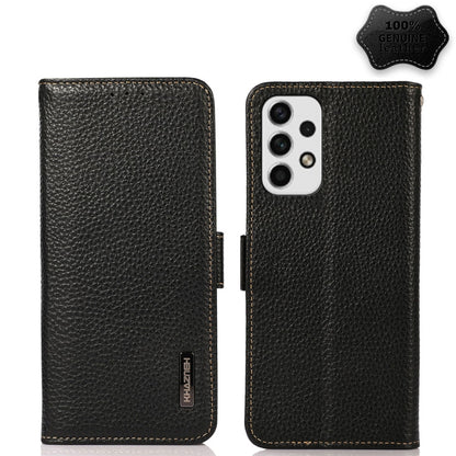 Black litchi-texture genuine leather phone case with side magnetic closure, camera cutout
