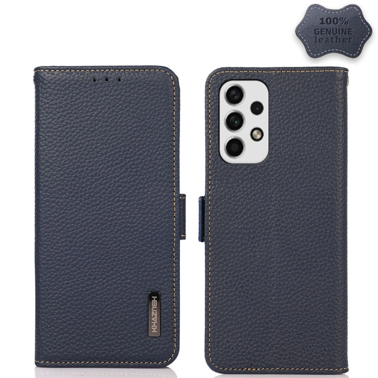 Genuine leather RFID phone case with side magnetic flap, dark blue; rear camera cutout