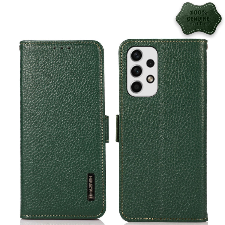 Genuine leather RFID phone case with side magnetic flap, green litchi texture; rear camera window