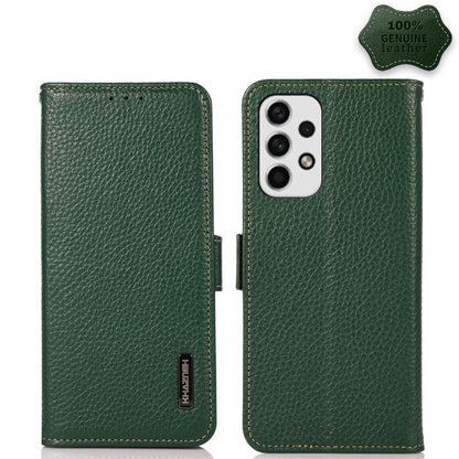 Genuine leather RFID phone case with side magnetic flap, green litchi texture; rear camera window