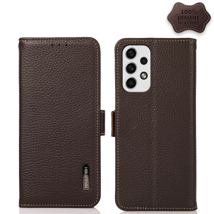 Genuine leather RFID phone case with side magnetic flap, brown litchi texture; back view with camera window