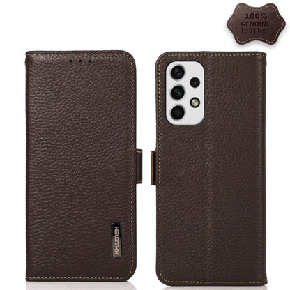Genuine leather RFID phone case with side magnetic flap, brown litchi texture; back view with camera window