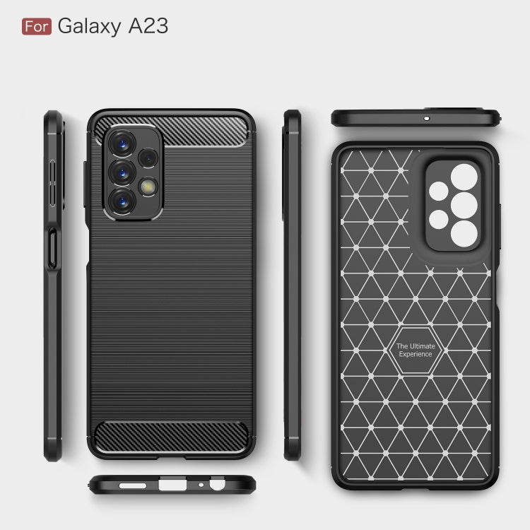 Black brushed carbon-fiber TPU phone case, front/back/side views with corner protection