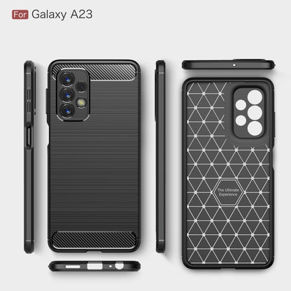 Black brushed carbon-fiber TPU phone case, front/back/side views with corner protection