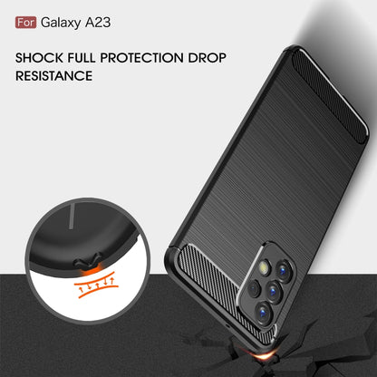 Black brushed carbon-fiber TPU phone case angled view with bumper corners and camera cutout
