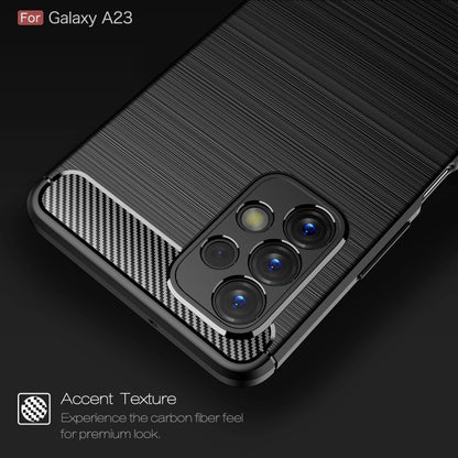 Black brushed carbon-fiber TPU phone case close-up with camera module and side accent texture
