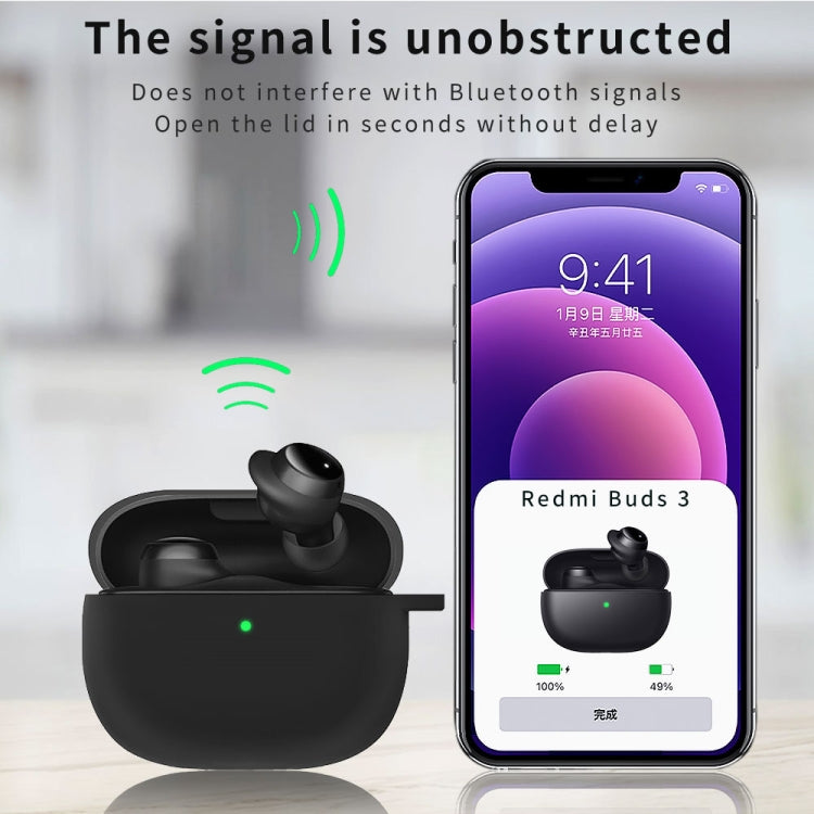 Black silicone earbud protective case with hook, earbuds inside and lid open