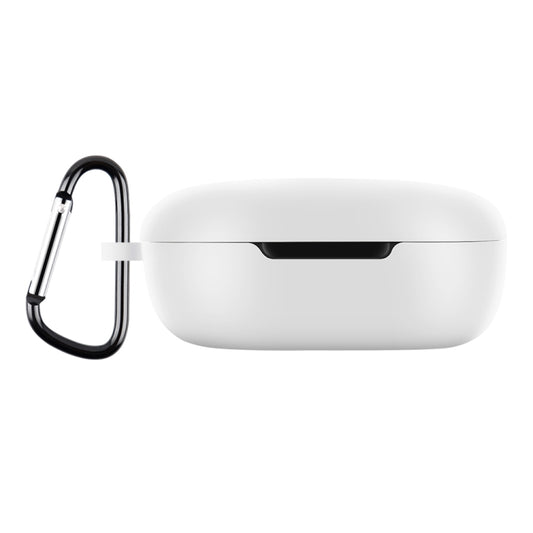 White silicone earphone protective case with hook for wireless earbuds, smooth shell.